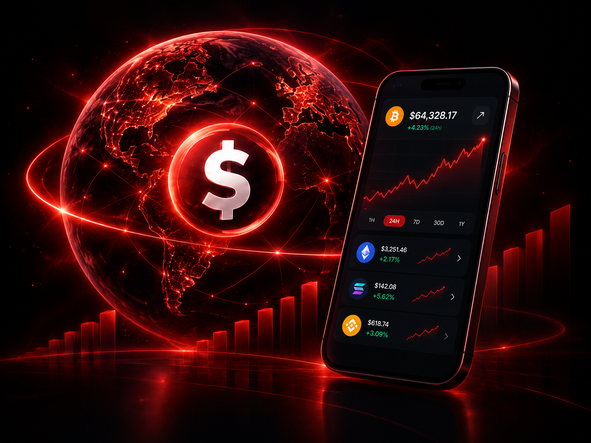 GranaVerse — globo financeiro com cifrão e painel de mercado